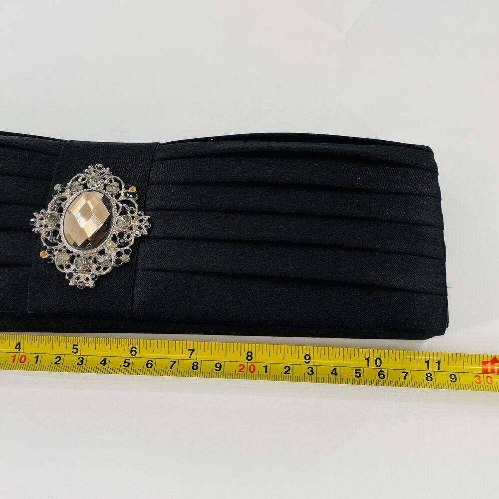 Women Clutch Black Dress Purse Rectangle Cord Strap Rhinestone Embellished - Picture 8 of 10